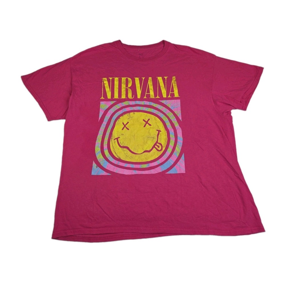 Nirvana Happy Face Graphic T-shirt Men XL Pink Short Sleeve Music
